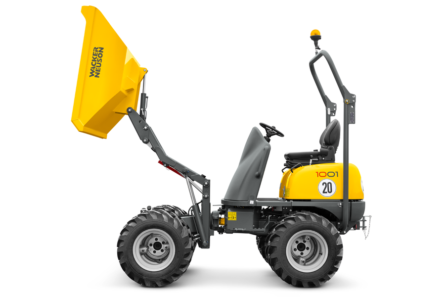 Side studio photo of wheel dumper 1001 with high-tip trough above