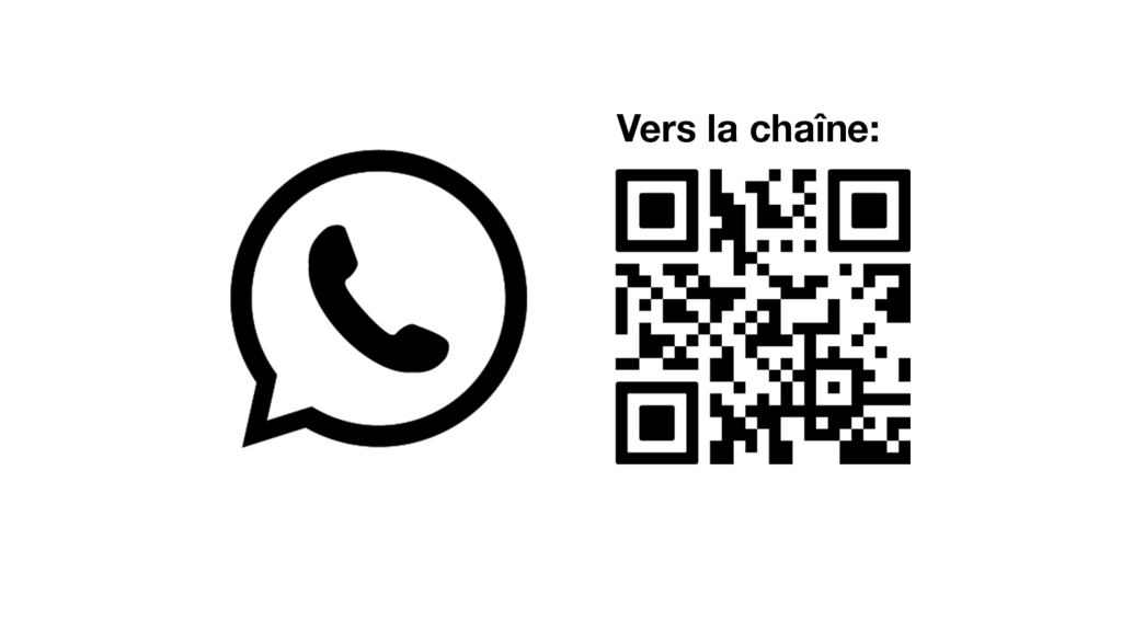 Logo WhatsApp noir en forme de bulle avec un combiné téléphonique à gauche, à côté d'un code QR noir et blanc qui mène à une chaîne WhatsApp.