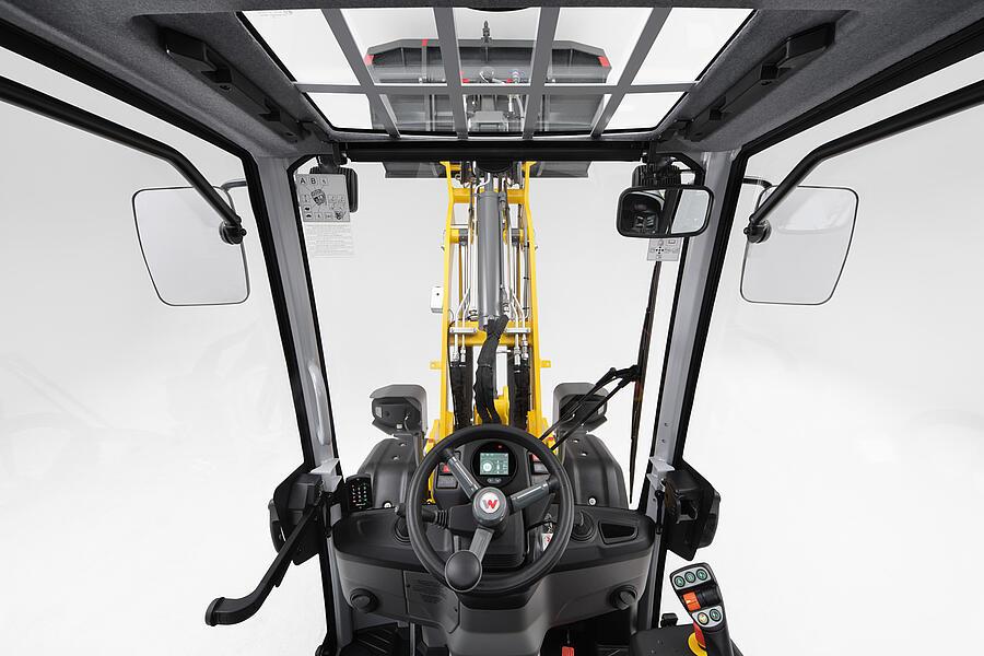 Wacker Neuson wheel loader WL28e view out of the cabin, studio