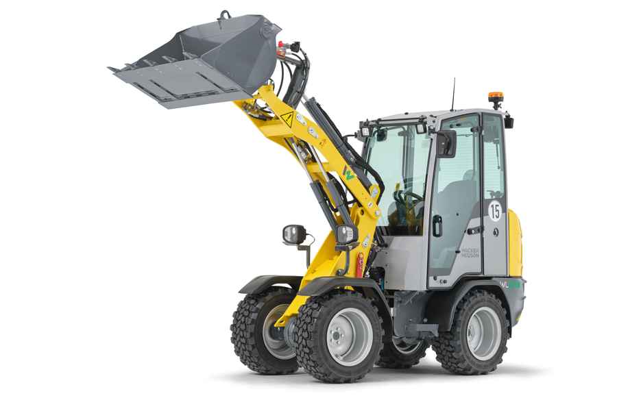 Wacker Neuson wheel loader WL20e Li-Ion studio picture with earth bucket