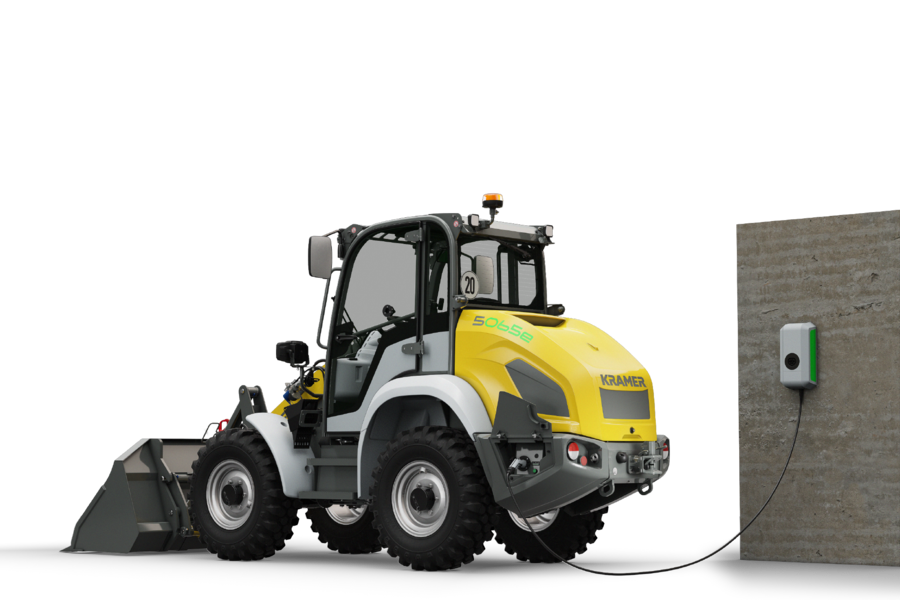 The fully electric Kramer wheel loader 5065e while loading.