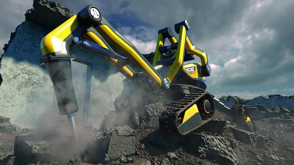 Une machine de construction au concept innovant en train de démolir un mur.