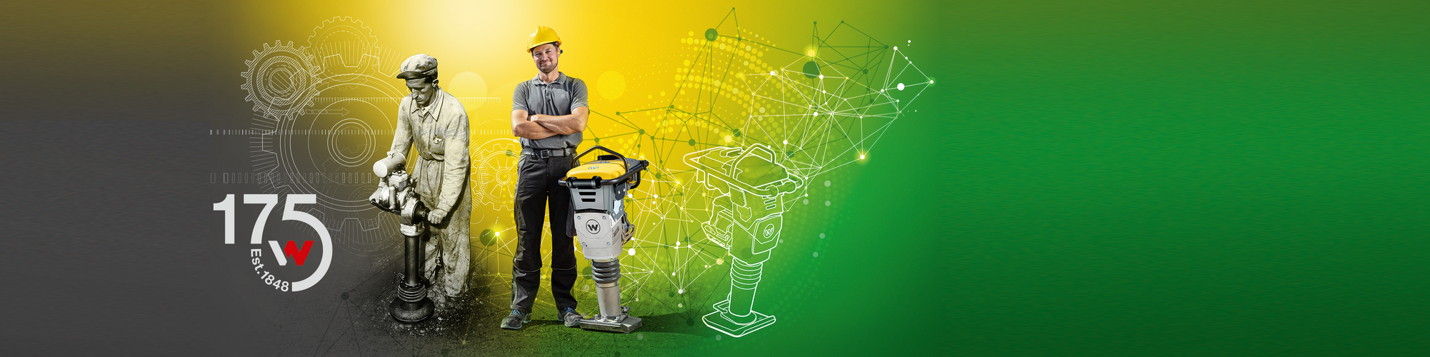 Construction workers working with machines, one in black and white, one in colour
