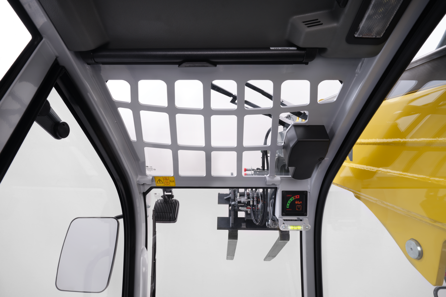 Wacker Neuson telehandler TH412, studio picture with pallet fork, view upwards