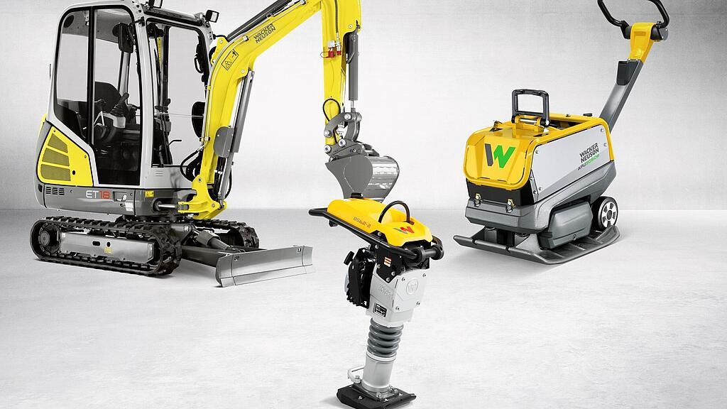 Three Wacker Neuson machines: a mini excavator, a rammer and a vibratory plate.