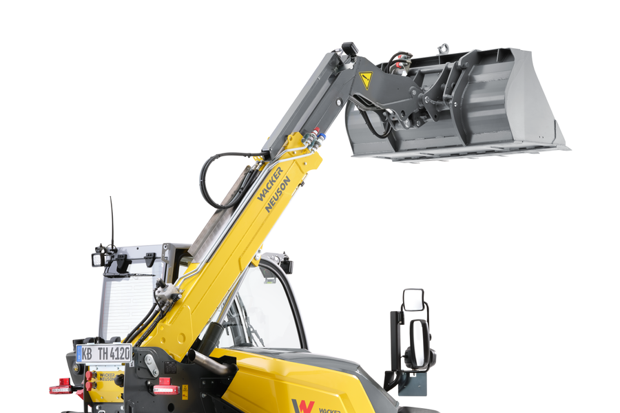 Wacker Neuson telehandler TH412, studio picture with earth bucket